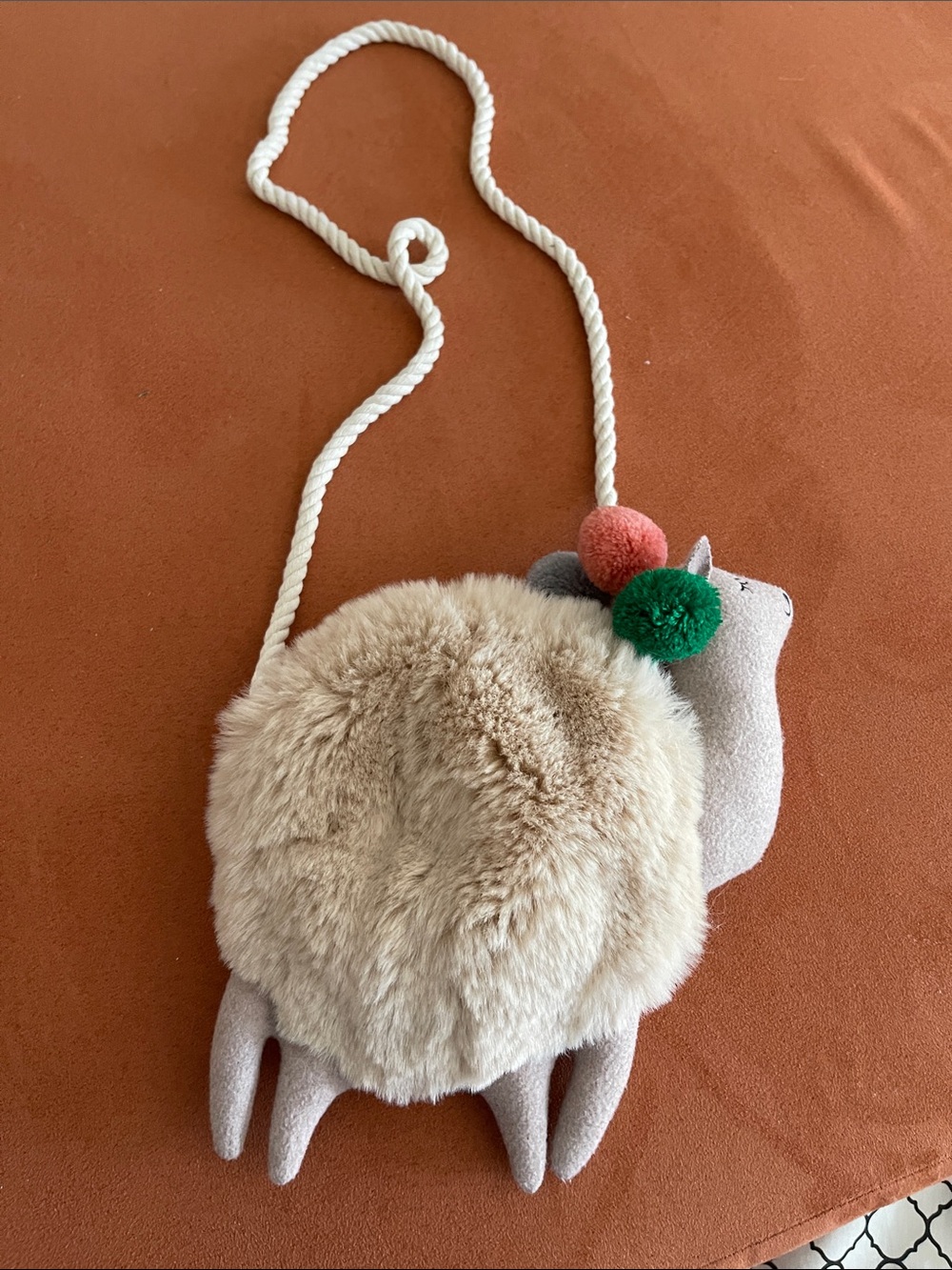 Zara Beige Plush Llama Crossbody Bag with Colorful Pom-Poms